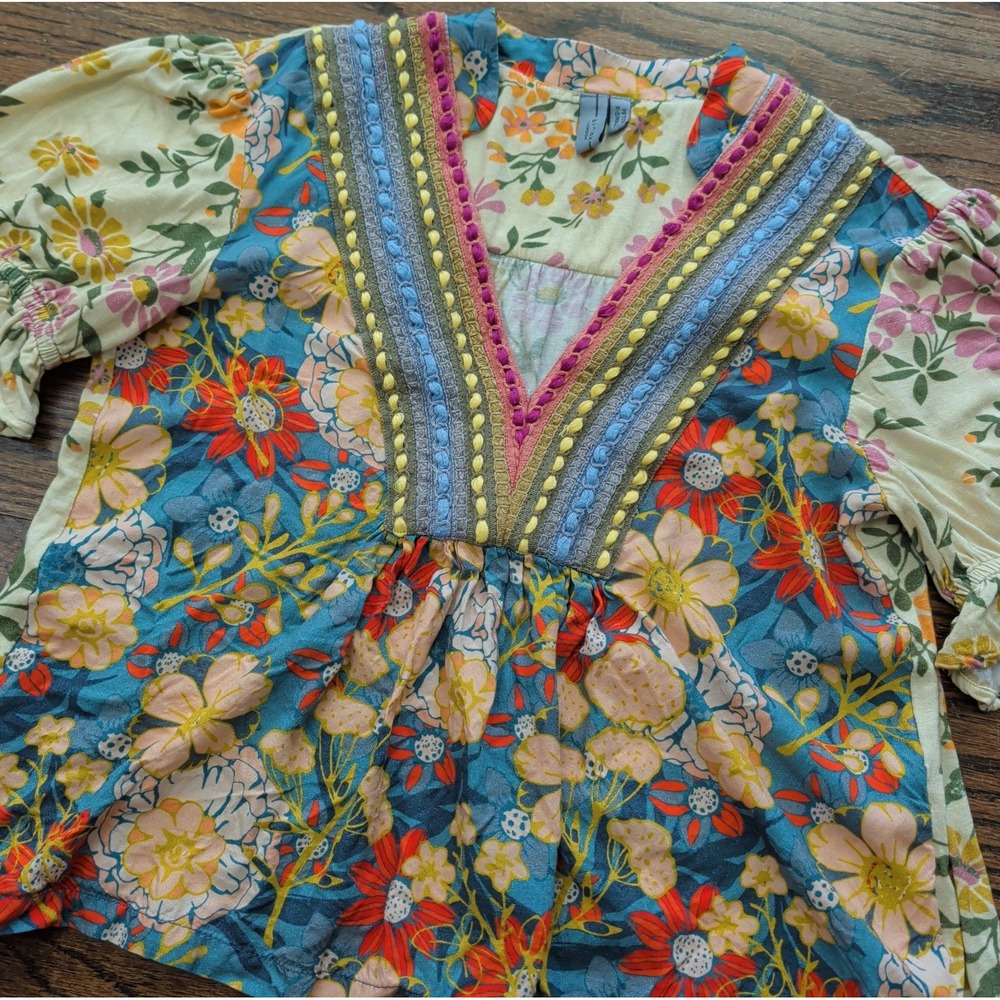 BL-NK London Anthropologie Stephanie Top V-Neck Floral Yellow Multicolor Sz PXS